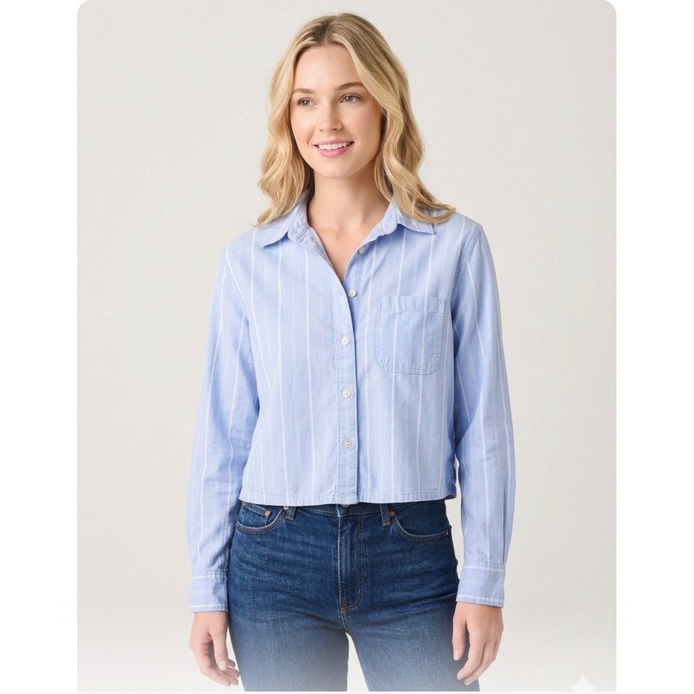 Aerie Blue White Striped Cropped Button Down Shirt Long Sleeve Womens XS